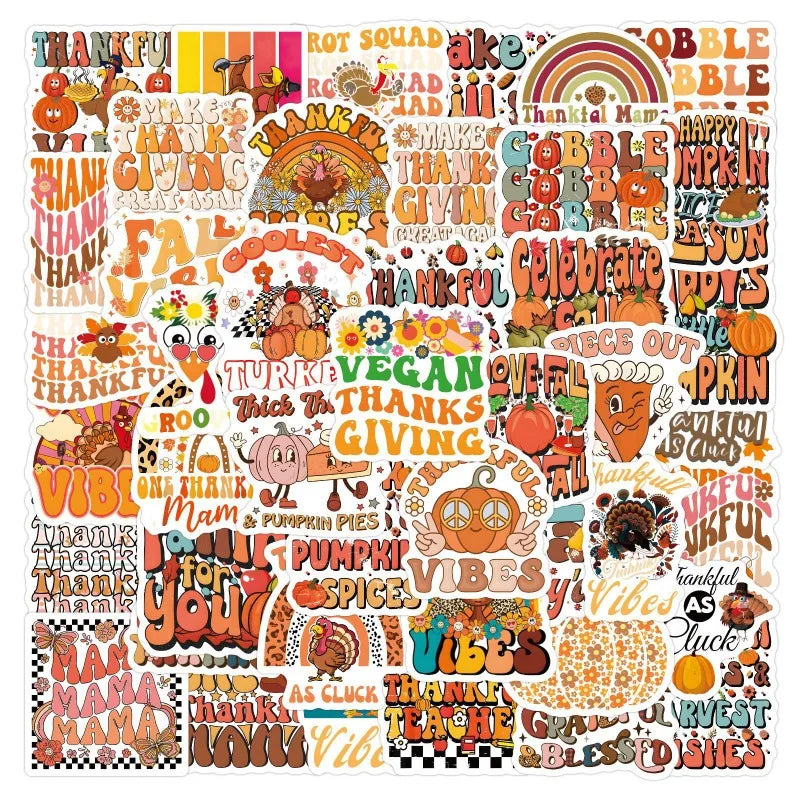 60pcs Groovy Thanksgiving Sticker Set for Suitcase, Water Cup, Phone, Laptop, Refrigerator (ONLINE ORDER ONLY)