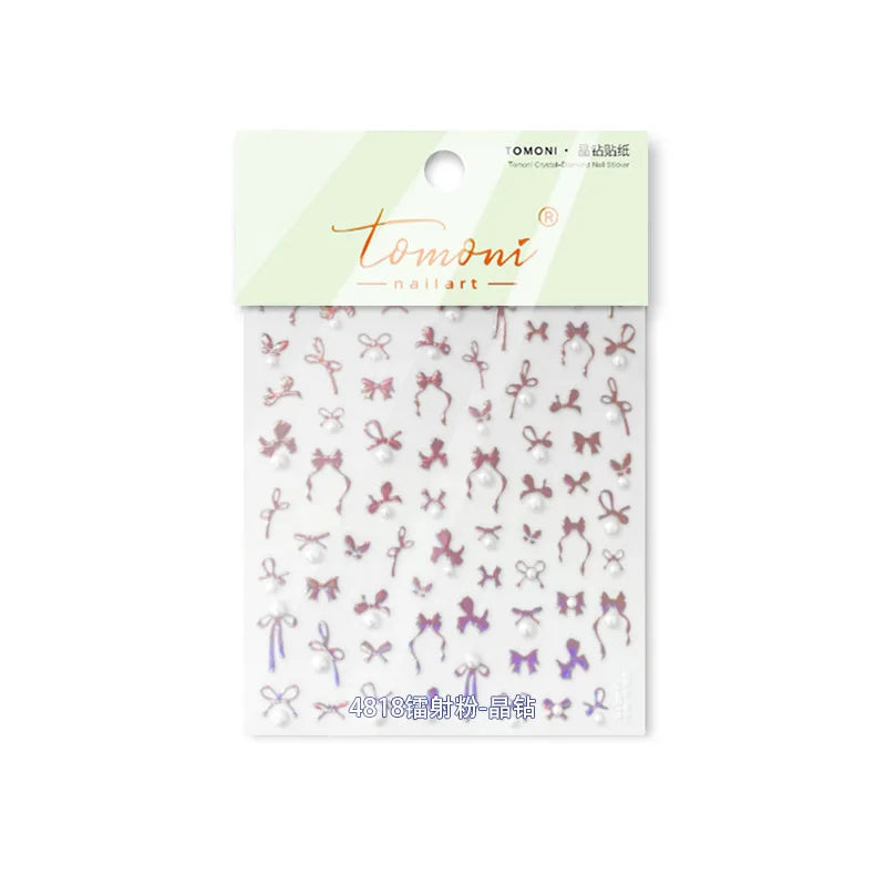 Simple Line Bowknot Red Gold Silver Laser Pink Hot Stamping 3D Self Adhesive Nail Art Stickers Pearl Rhinestone Manicure Decals (ONLINE ORDER ONLY)