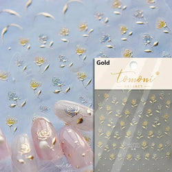 Gradient Coloredful Flower Petal Green Leaf Dreamy Shiny Chinese Rose Fantasy Relief Adhesive Nail Art Stickers Manicure Decals (Online Order Only)
