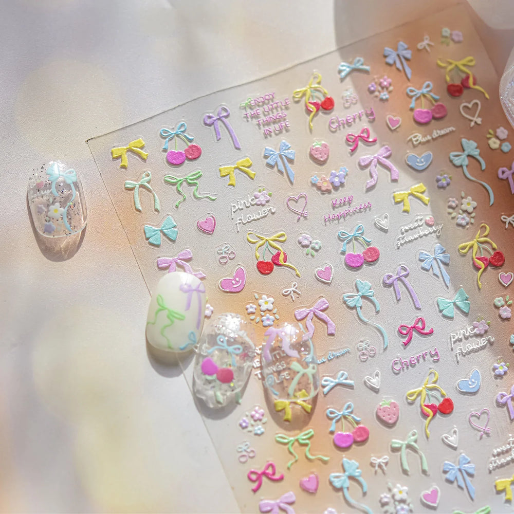 Doodle Pink Blue Ribbon Bowknot Flower Cherry Strawberry Graffiti Love Heart Delicate Embossed Nail Art Sticker Manicure Decals (ONLINE ORDER ONLY)