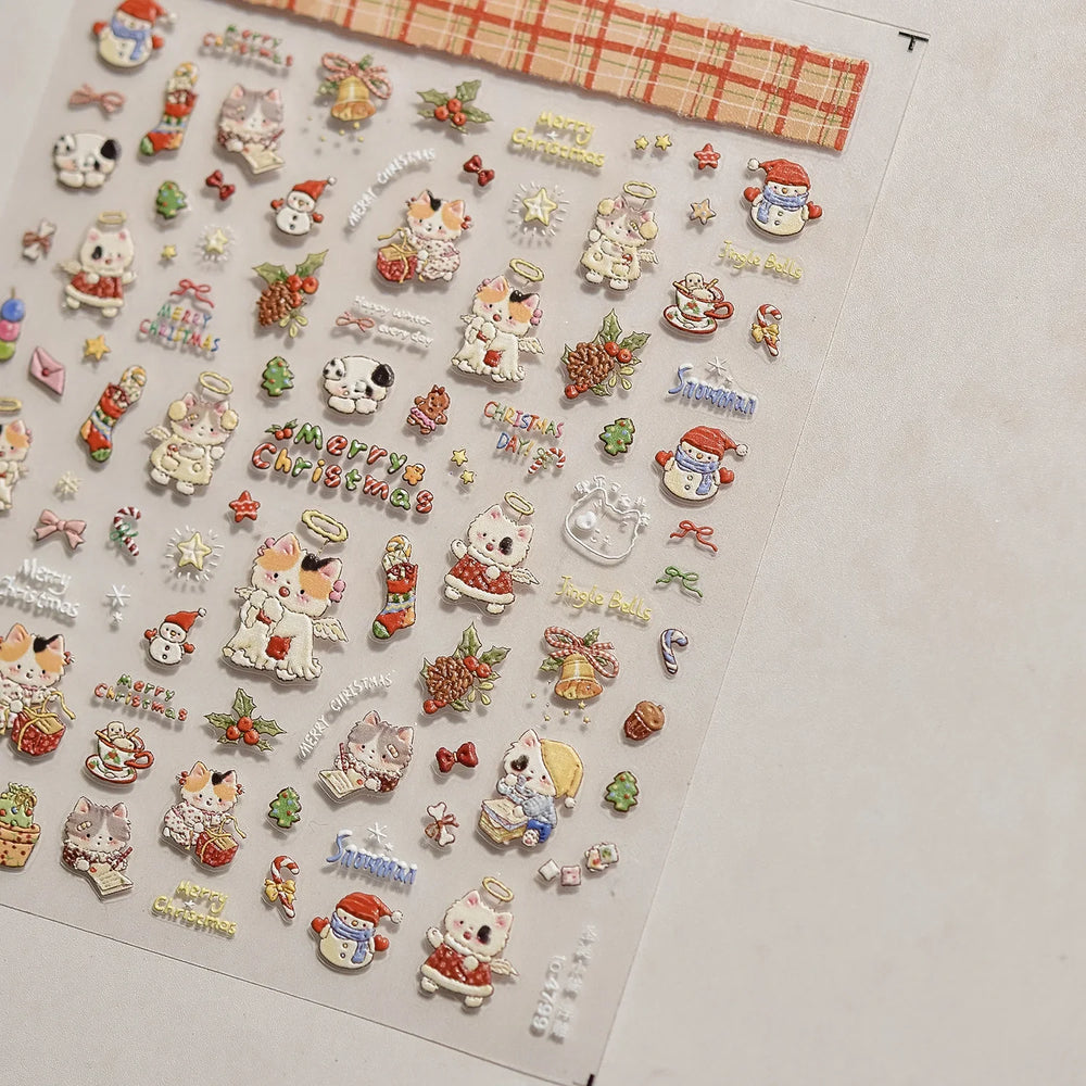 Cat Kitten Star Tree Bell Angel Bowknot Snowman Envelope Pinecone Bone Adhesive Nail Art Stickers Cup Rhinestone Manicure Decals (ONLINE ORDER ONLY)