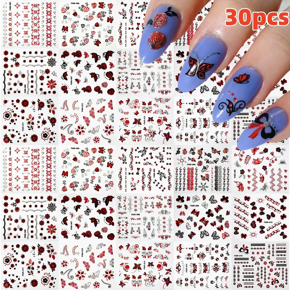 30Pcs/Set Red Golden 3D Nail Art Sticker Hot Stamping Hollow Decals Mixed Designs Adhesive Flower Nail Tips Letter Butterfly Set (Online Order Only)