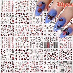 30Pcs/Set Red Golden 3D Nail Art Sticker Hot Stamping Hollow Decals Mixed Designs Adhesive Flower Nail Tips Letter Butterfly Set (Online Order Only)