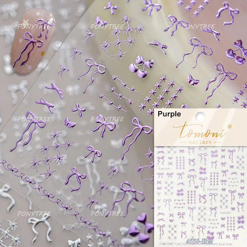 Purple Gold Silver Bowknot Cherry Fruit Cute Ribbon Tie Line Delicate 3D Adhesive Nail Art Stickers Manicure Decals Wholesale (Online Order Only)