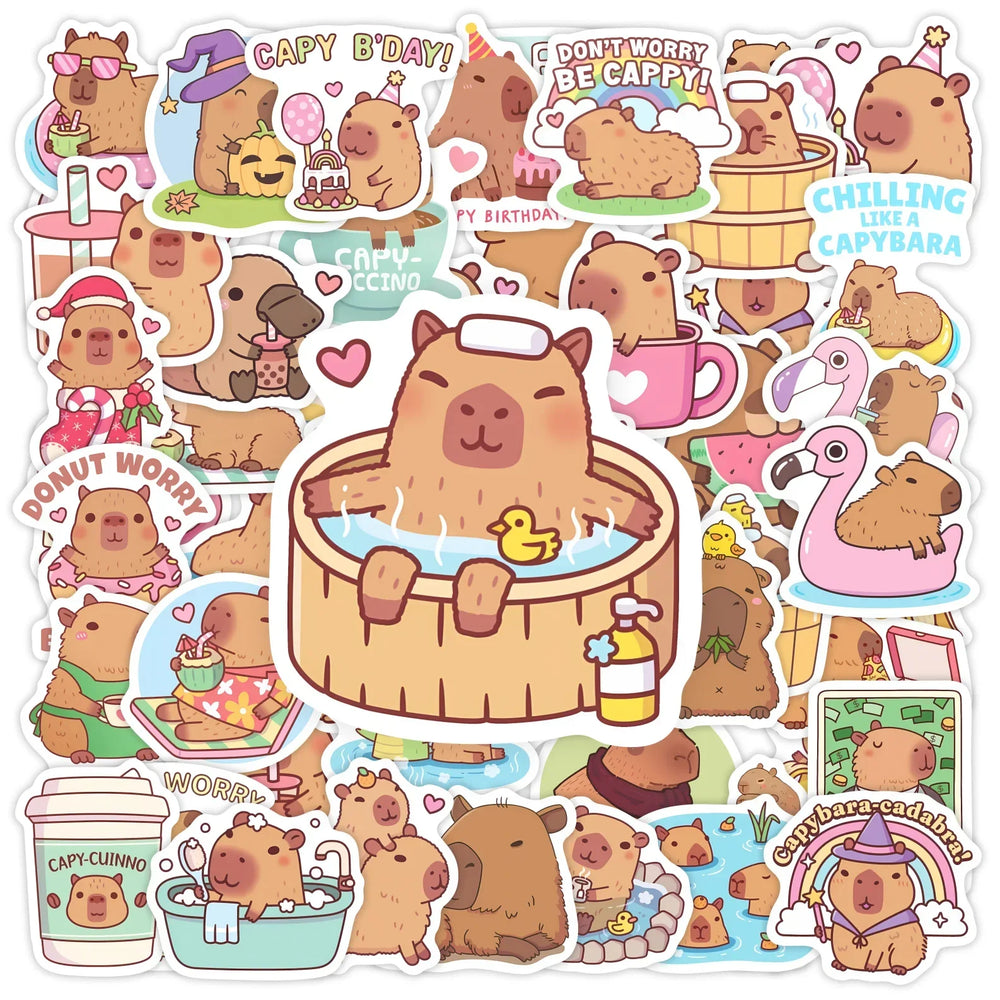 Cute Capybara Cafe Stickers Cartoon Fun Animal DIY Kids Toys Gift for Journal Scrapbook Laptop Phone Luggage Waterproof (ONLINE ORDER ONLY)