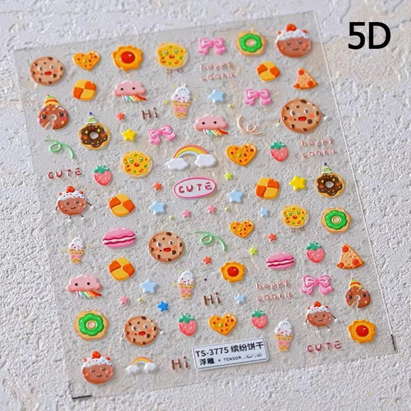 Chic Cute Cheese Ice Cream Pudding Bowknot Strawberry Muffin Stars Cake Embossed Heart Adhesive Nail Art Sticker Manicure Decals (ONLINE ORDER ONLY)