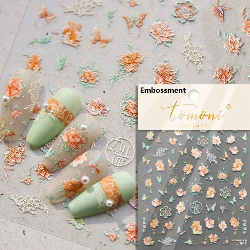 Gradient Coloredful Flower Petal Green Leaf Dreamy Shiny Chinese Rose Fantasy Relief Adhesive Nail Art Stickers Manicure Decals (Online Order Only)