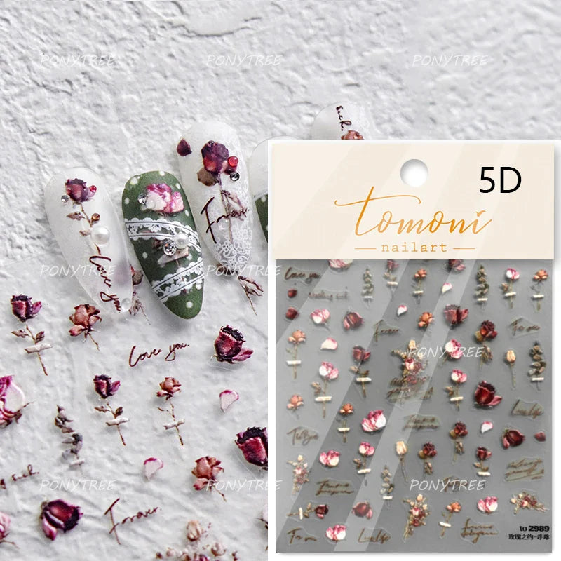 Wild Flower Oil Painting Small Variegated Daisy Peach Blossom Lavender Spring Petal Adhesive Nail Art Stickers Manicure Decals (Online Order Only)