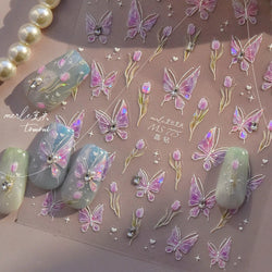 Blue Purple Tulip Flower Butterfly Garden Blossom Floral Charming Delicate 5D Relief Adhesive Nail Art Stickers Manicure Decals (ONLINE ORDER ONLY)
