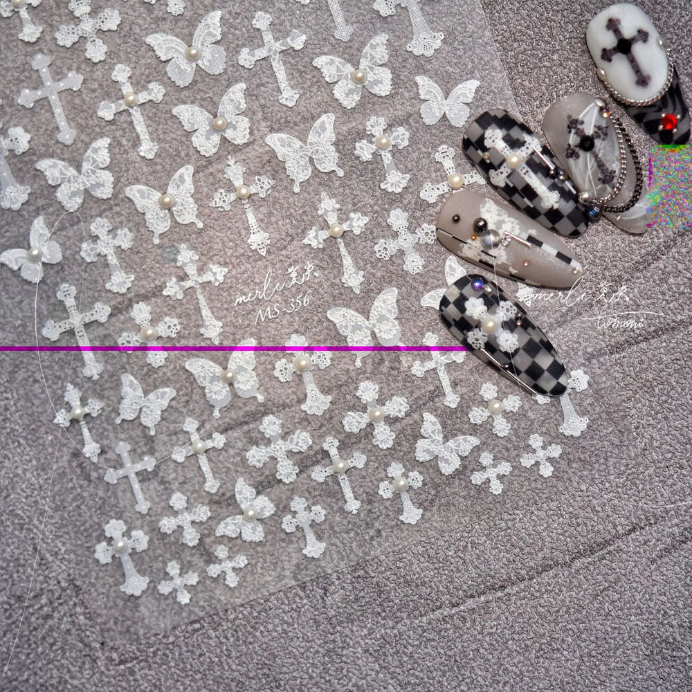 Black White Pearl Lace Butterfly Cross Retro Figure Flower Symmetric Self Adhesive Nail Art Stickers  Manicure Decals Wholesale (ONLINE ORDER ONLY)