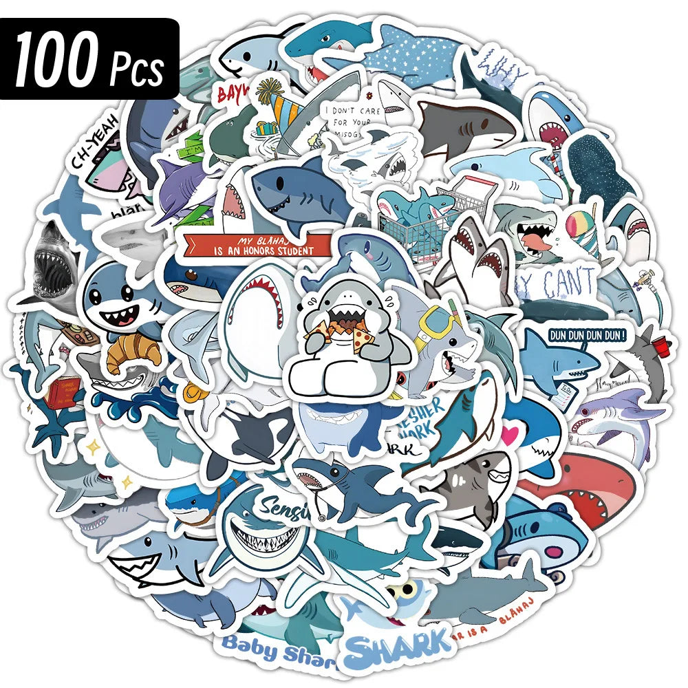 10/100p Sharks Ocean Fish Kawaii Stickers Toys Cute Cartoon Decals For Kids DIY Laptop Scrapbook Stationery Fridge Funny Sticker (ONLINE ORDER ONLY)