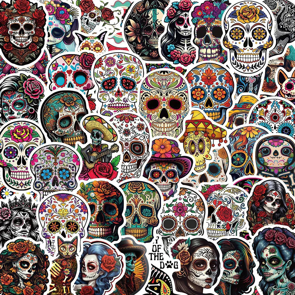 Day of the Dead Skull Stickers 10/30/50pcs Waterproof Decals for Skateboard, Phone, Notebook, Bike (ONLINE ORDER ONLY)