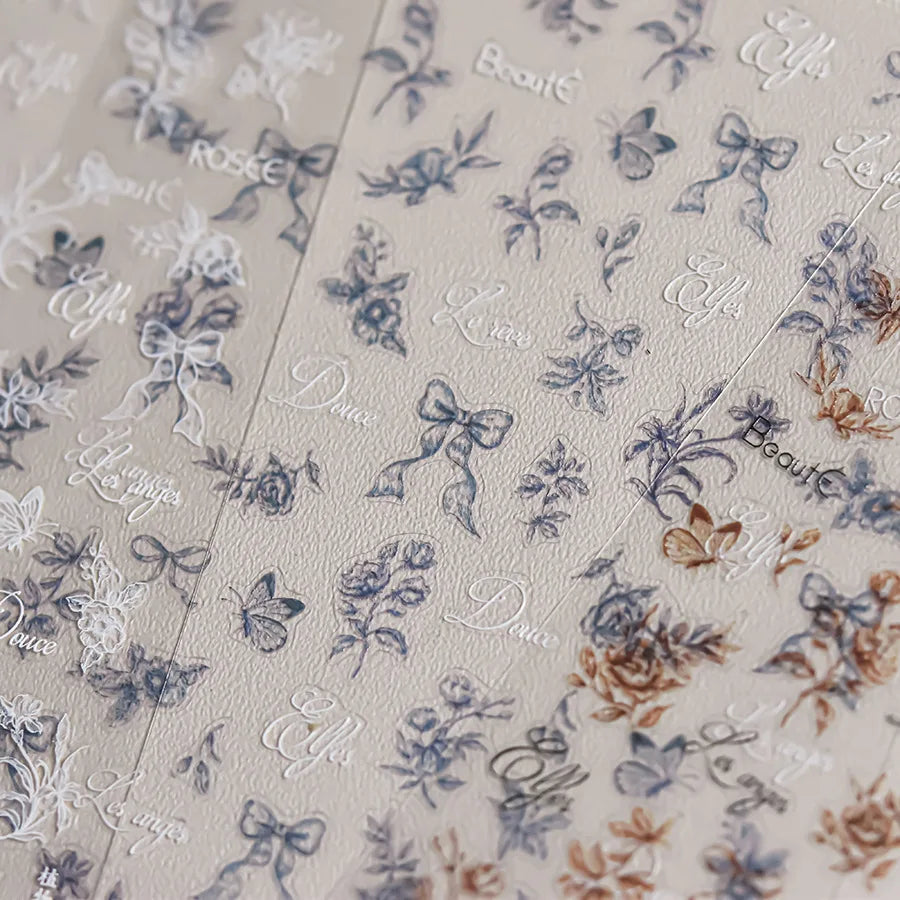 Brown Blue White Hand Drawn Sketch Plants Leaves Bowknot Butterfly Flowers Adhesive Nail Art Decoration Stickers Manicure Decals (Online Order Only)