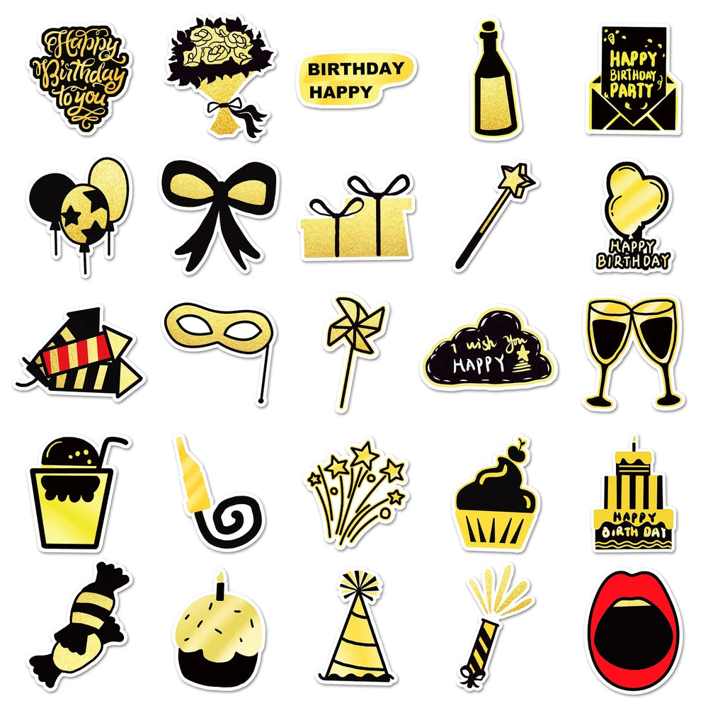50Pcs Birthday Black Gold Series Cartoon Cute Waterproof Sticker Skateboarding Snowboard Retro Vinyl home decal Sticker (ONLINE ORDER ONLY)