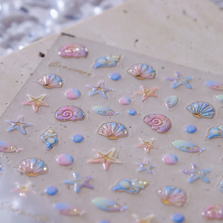 Conch Starfish Shell Beach Fish Star Ocean Colorful Water Bubbles Summer Delicate Self Adhesive Nail Art Stickers Manicure Decal (ONLINE ORDER ONLY)