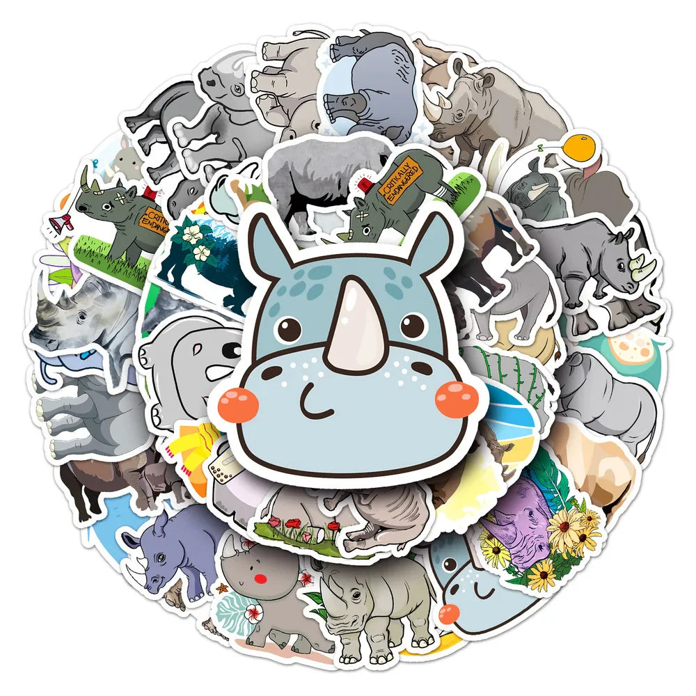 10/50pcs/Pack Lovely Rhino Cartoon Animal Stickers Waterproof Skateboard Motorcycle Guitar Luggage Laptop Bicycle Sticker Toys (ONLINE ORDER ONLY)