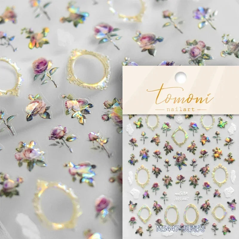 Retro Rose Gold Photo Frame Dried Flower Delicate Totem 3D Self Adhesive Nail Art Stickers 5D Shiny Rhinestone Manicure Decals (ONLINE ORDER ONLY)