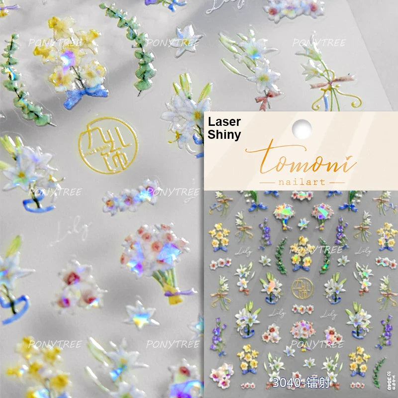 Wild Flower Oil Painting Small Variegated Daisy Peach Blossom Lavender Spring Petal Adhesive Nail Art Stickers Manicure Decals (Online Order Only)