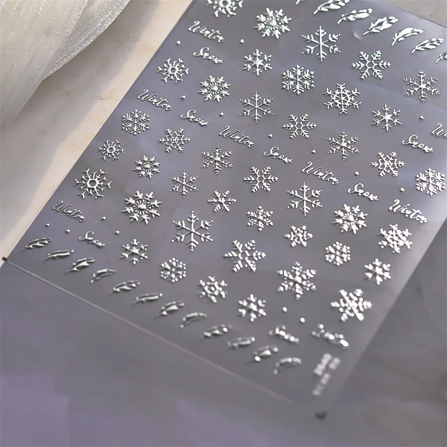 Hot Stamping Romantic White Gold Snowflakes Hexagon Winter 3D Self Adhesive Nail Art Stickers Shiny Rhinestone Manicure Decals (Online Order Only)