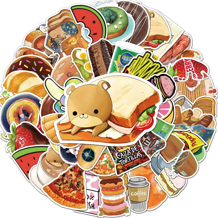 50Pcs Cartoon Food Waterproof Vinyl Stickers for Skateboard Snowboard (ONLINE ORDER ONLY)