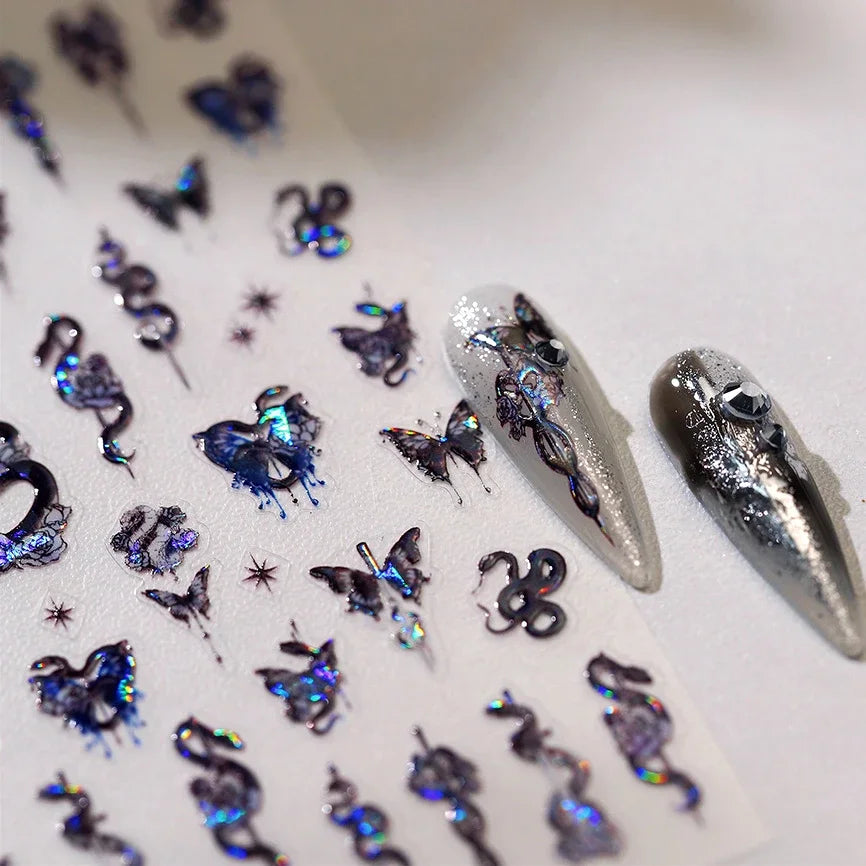 Dark Sword Coiled Snake Cross Butterfly Wing Starburst Starlight Gothic Reptile Animals Nail Art Sticker Festival Manicure Decal (ONLINE ORDER ONLY)