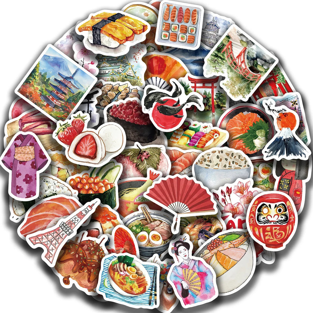 64pcs Watercolor Japan Travel Cartoon Graffiti Sticker DIY Phone Guitar Laptop Notebook Suitcase Cup Waterproof Sticker Kid Toy﻿ (Online Order Only)