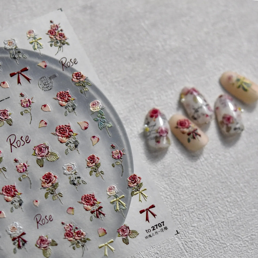 Retro Rose Flowers Bowknot Petal Romantic 5D Soft Embossed Relief Self Adhesive Nail Art Decoration Stickers 3D Manicure Decals (ONLINE ORDER ONLY)
