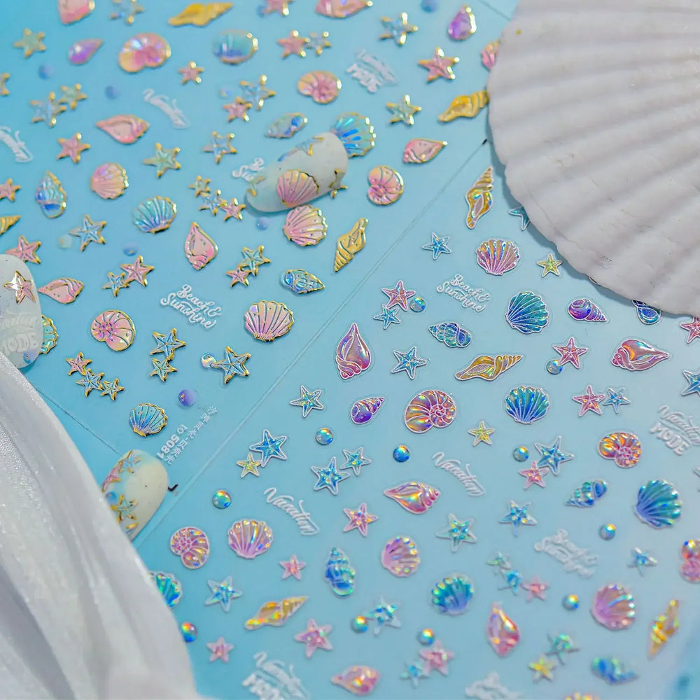 Hot Stamping Laser Shell Conch Starfish Pearl Whale Coral Dolphin Summer Beach Sea Wave Jellyfish Bubble Nail Art Stickers Decal (ONLINE ORDER ONLY)
