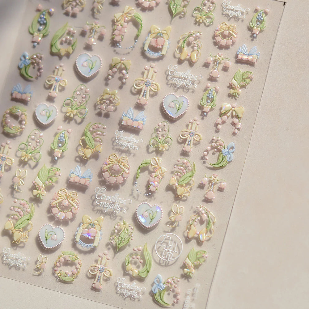 Spring Pink Lily of The Valley Flowers Blooming Blue Bowknot Heart 5D Soft Relief Self Adhesive Nail Art Sticker Manicure Decals (Online Order Only)