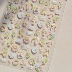 Spring Pink Lily of The Valley Flowers Blooming Blue Bowknot Heart 5D Soft Relief Self Adhesive Nail Art Sticker Manicure Decals (Online Order Only)