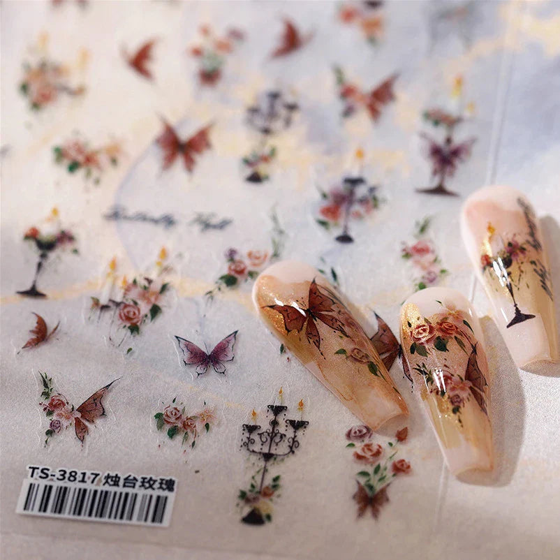 Charming Butterfly Candle Holder Candlestick Chic Rose Flower Romantic Self Adhesive Nail Art Stickers Rhinestone Manicure Decal (ONLINE ORDER ONLY)