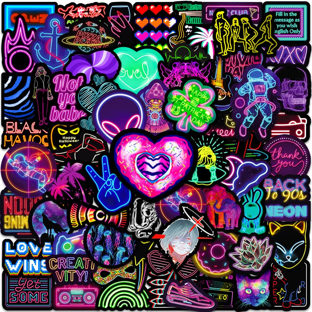 Cartoon Neon Light Stickers 10/30/50pcs Waterproof Decals for Skateboard Laptop Phone Bike Fridge (Online Order Only)