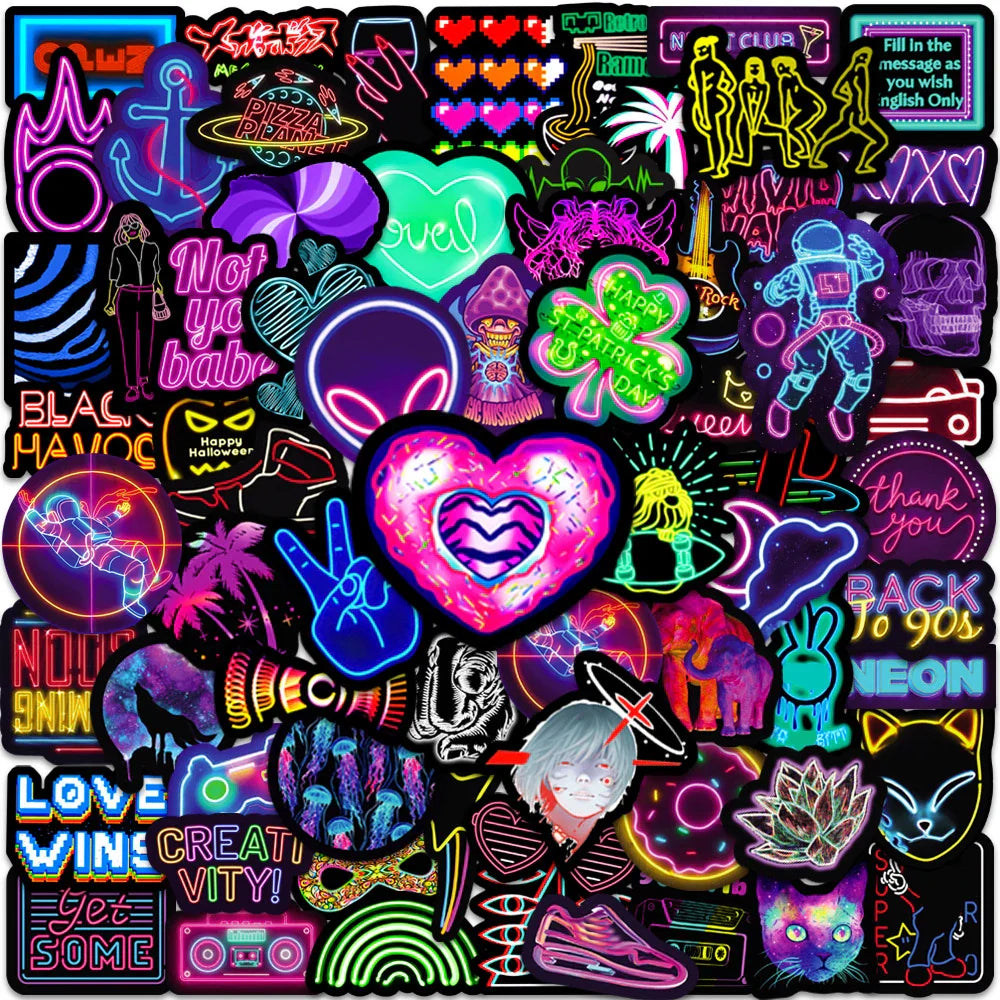 Cartoon Neon Light Stickers 10/30/50pcs Waterproof Decals for Skateboard Laptop Phone Bike Fridge (Online Order Only)