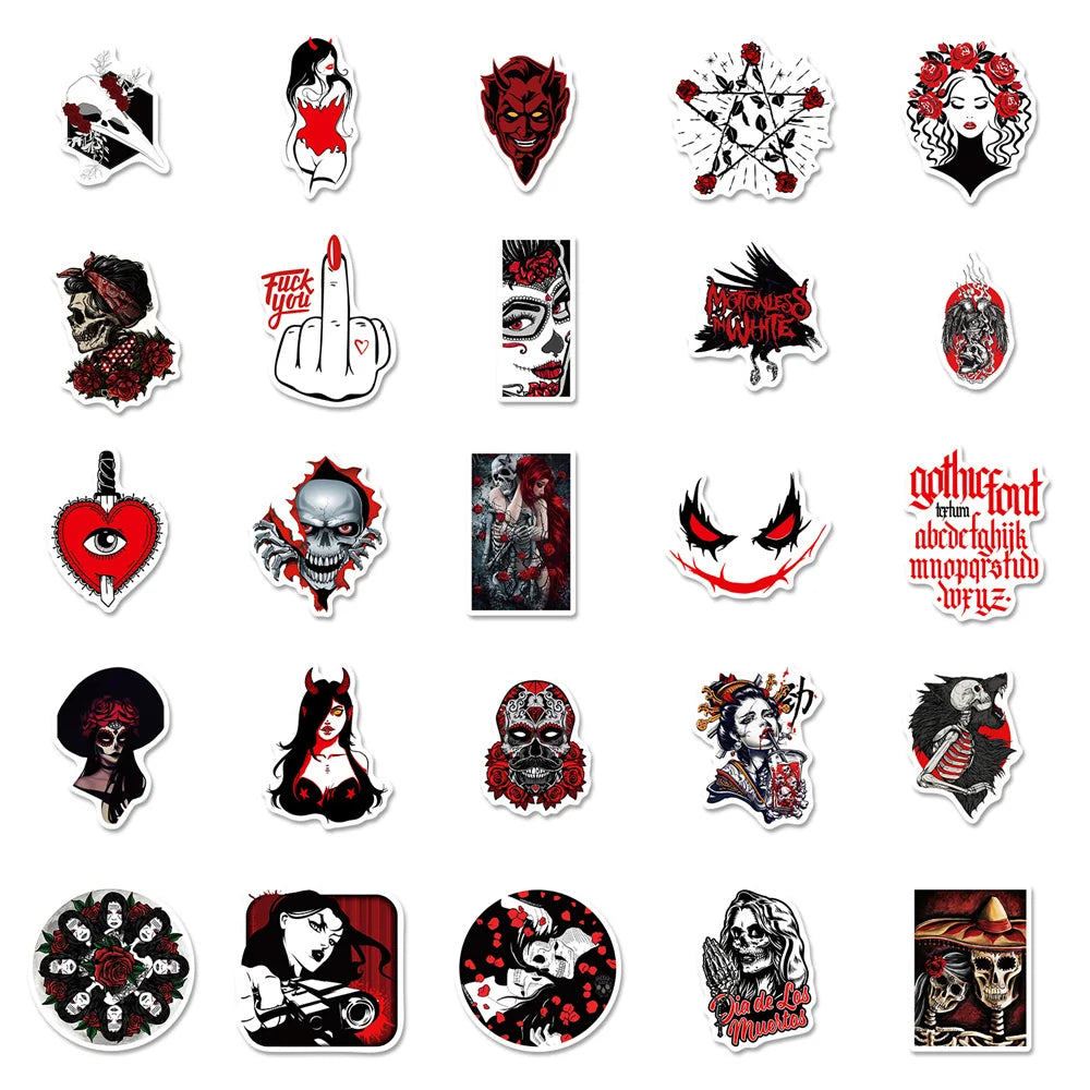 10/30/50PCS Red And Black Gothic Graffiti Waterproof Sticker Creative Trend Decoration Demon Terror Series Decal HelmetWholesale (ONLINE ORDER ONLY)