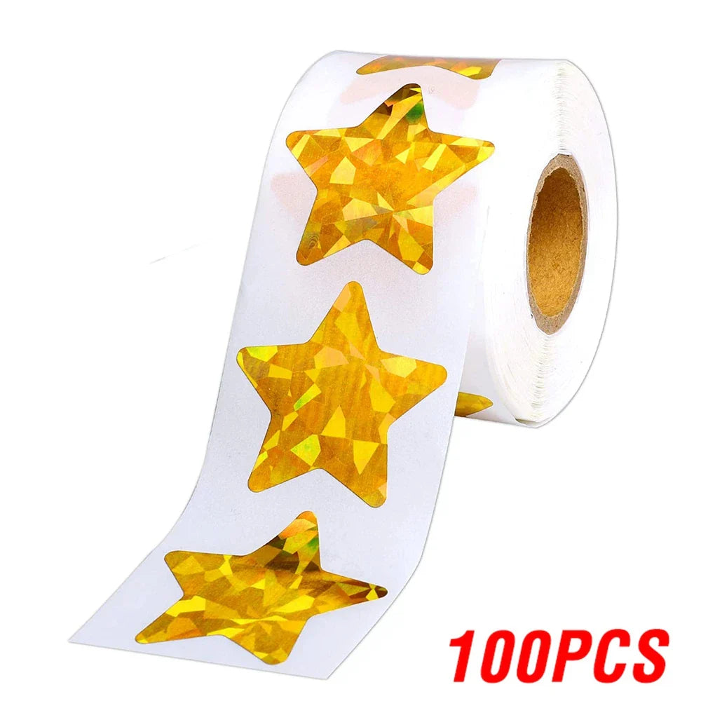 100-500pcs Holographic Star Reward Stickers Corlorful Adhesive Star Stickers Reward Chart Decorative Toy Gifts Sticker Labels (ONLINE ORDER ONLY)