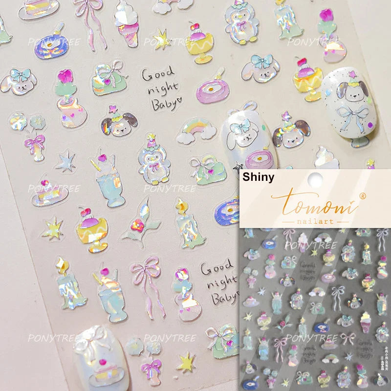 Cute Lucky Bear Apple Core Star Bowknot Flower Delicious Cookies Cherry Cake Dessert Milk Vase Adhesive Nail Art Stickers Decals (ONLINE ORDER ONLY)