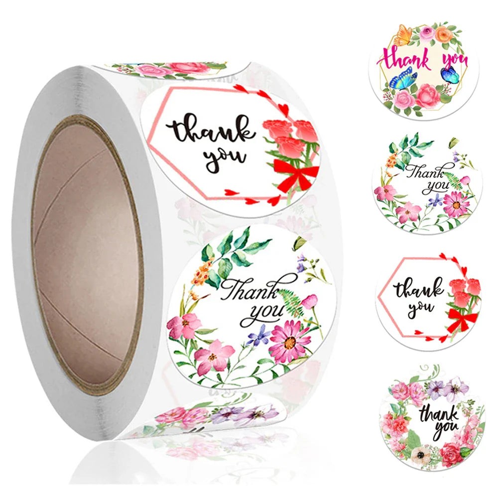 500pcs/roll Thank You Stickers Flower Pattern Party Wedding Decoration Gift Envelope Seal Labels Scrapbooking Stickers (ONLINE ORDER ONLY)