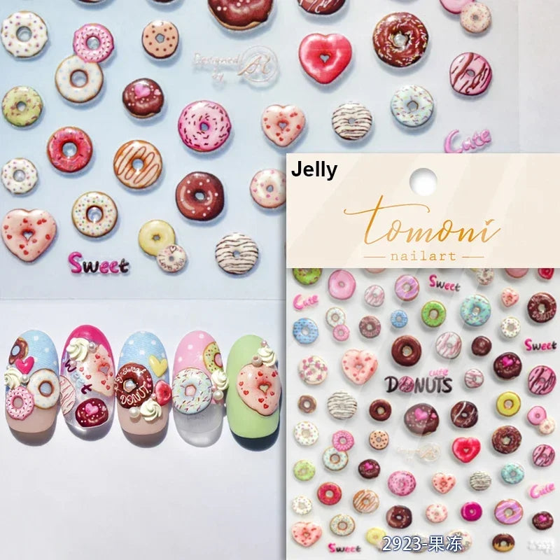 Chic Cute Cheese Ice Cream Pudding Bowknot Strawberry Muffin Stars Cake Embossed Heart Adhesive Nail Art Sticker Manicure Decals (ONLINE ORDER ONLY)