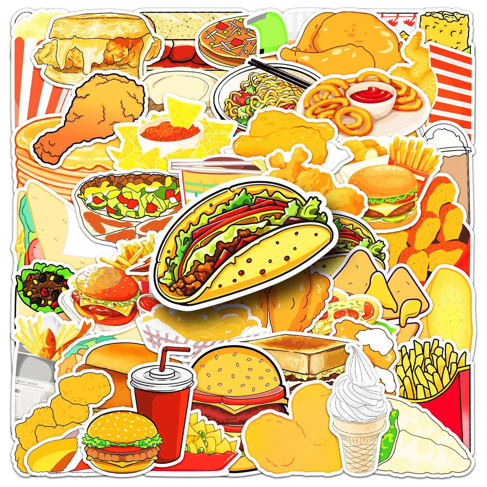 Fast Food Cartoon Stickers Set: Fried Chicken, Burger Decals for DIY, Scrapbook, Laptop, Bike, Guitar (Online Order Only)