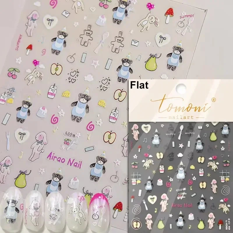 Charming Cherry's Cake Cute Bowknot Pink Blue Bear Flower Bouquet Strawberry Adhesive Nail Art Sticker Rhinestone Manicure Decal (Online Order Only)