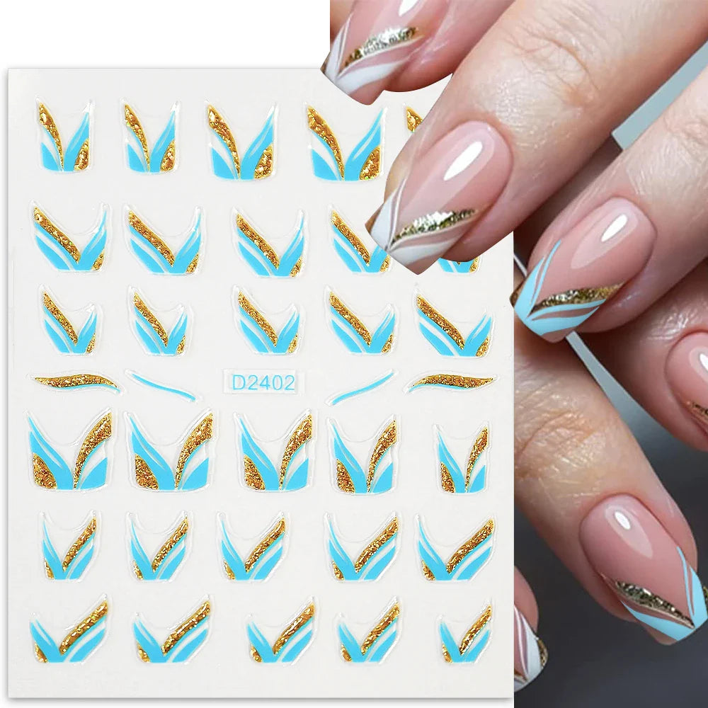 6pcs/Set Blue Gold Glitter French Design 5D Nail Stickers Curve Lines Swirls Wave Nail Sliders Reflective Flakes Decals Manicure (ONLINE ORDER ONLY)