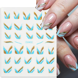 6pcs/Set Blue Gold Glitter French Design 5D Nail Stickers Curve Lines Swirls Wave Nail Sliders Reflective Flakes Decals Manicure (ONLINE ORDER ONLY)