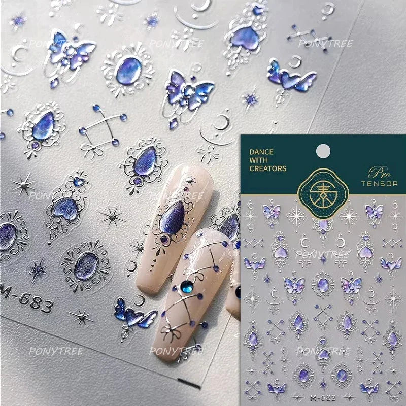 Green Blue Glass Butterfly Lily Flowers Star Line Water Droplet Charming Shiny Self Adhesive Nail Art Stickers Manicure Decals (ONLINE ORDER ONLY)