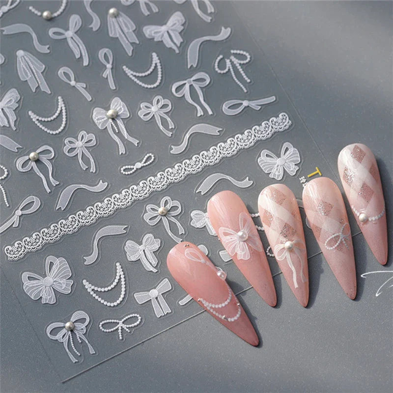 White Black Pink Bowknot Lace Star Pearl Tassel Pendant Shiny 5D Embossed Relief Self Adhesive Nail Art Stickers Manicure Decals (ONLINE ORDER ONLY)