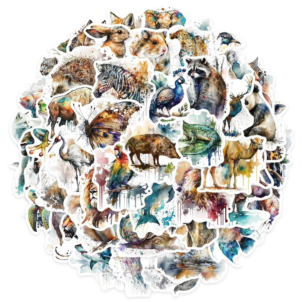50pcs Aesthetic Watercolor Painting Animals Stickers For Laptop Water Bottle Luggage Guitar Waterproof Graffiti Vinyl Decals (ONLINE ORDER ONLY)