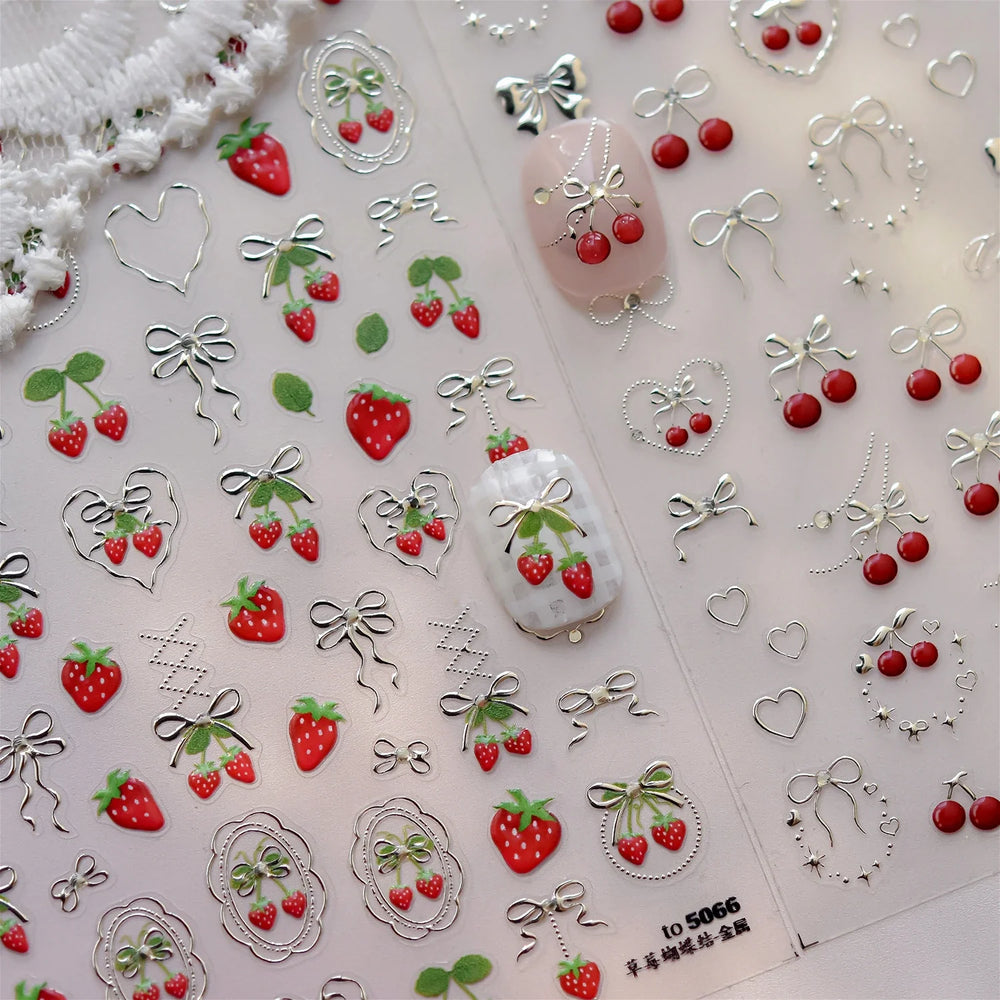 Lovely Red Fruit Strawberry Cherry Bowknot Love Heart Star Silk Ribbon Chic Rhinestone Adhesive Nail Art Stickers Manicure Decal (ONLINE ORDER ONLY)