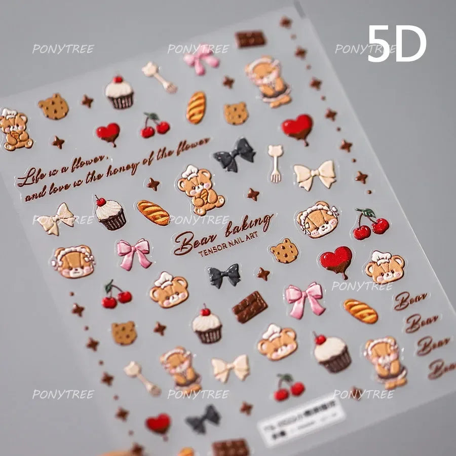 Charm Retro Bear Candy Cake Bowknot Rabbit Bunny Strawberry Footprint Muffin 3D Adhesive Nail Art Stickers Chic Manicure Decals (ONLINE ORDER ONLY)