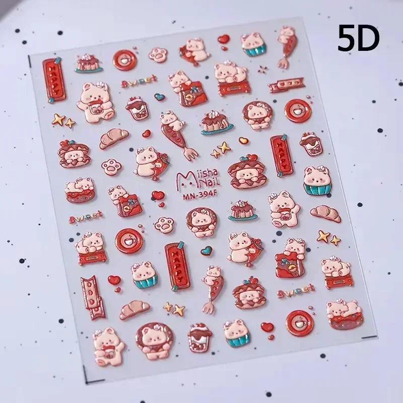 Cute Bowknot Dog Puppy Bear Strawberry Cake Fruit Juice Coffee Desserts Corgi Cherry Adhesive Nail Art Stickers Manicure Decals (ONLINE ORDER ONLY)