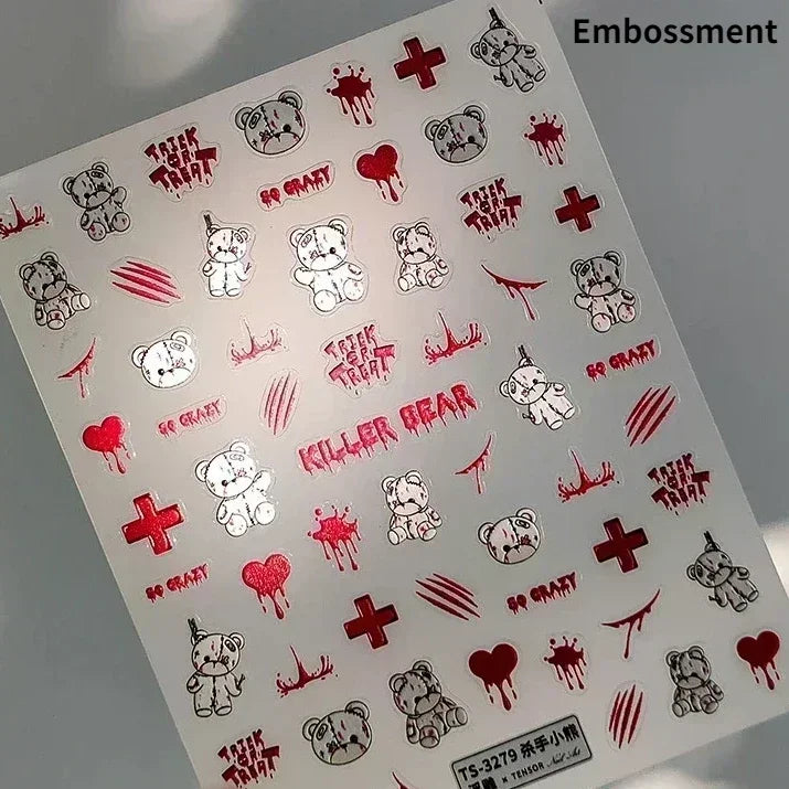 Cat Eye Halloween Terror Spider Cross Rose Love Heart Flower Snake Web Candy Bunny Thrilling Nail Art Stickers Manicure Decals (Online Order Only)