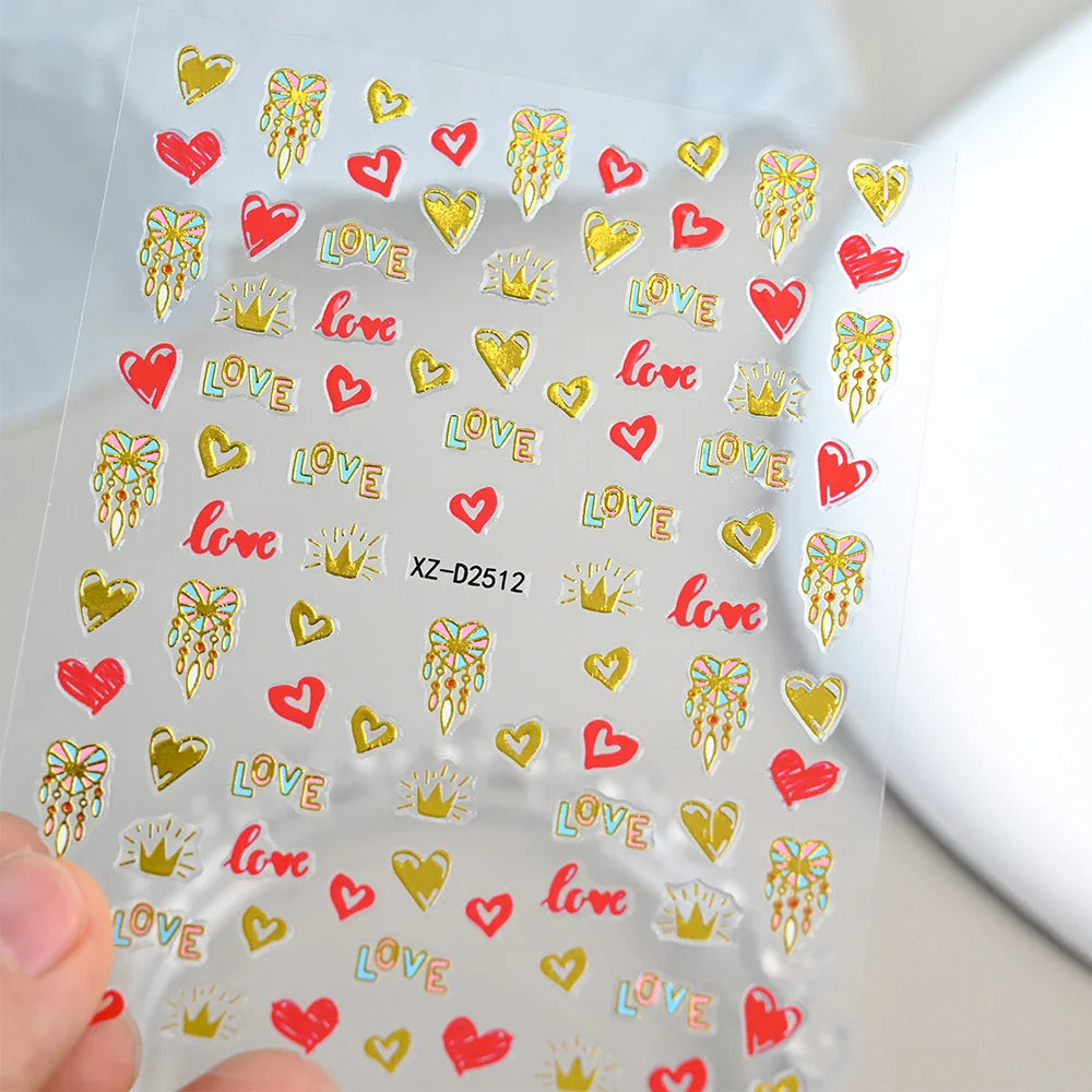 12Pcs 3D Golden Red Glitter Heart Love Nail Sticker Valentine Self Adhesive Cartoon Decal Geometry Lines Stripe Slider Manicure* (ONLINE ORDER ONLY)